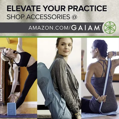 This image showcases the Gaiam brand's yoga and fitness accessories product line, directing shoppers to their Amazon storefront while establishing brand identity through lifestyle imagery and logo.