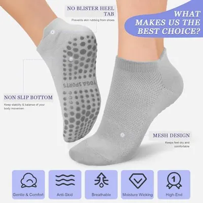 This image breaks down the physical features of the sock by pointing to specific design elements (heel tab, non-slip grip, mesh ventilation) to help shoppers understand the product's construction…