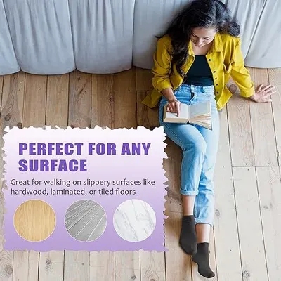 Demonstrates that the product (likely non-slip socks or footwear) is effective across multiple floor types—hardwood, laminated, and tiled surfaces—to reassure shoppers of its versatility and safety.…