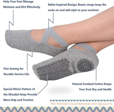 This image breaks down the key physical components and construction features of the yoga/workout socks to help shoppers understand what makes the product functional and well-designed. Communicates…