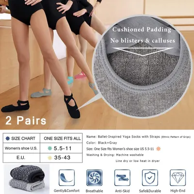 Communicates multiple distinct benefits of the yoga socks including comfort, breathability, safety, and quality through a segmented layout with product anatomy zoom, size chart, and icon-based…