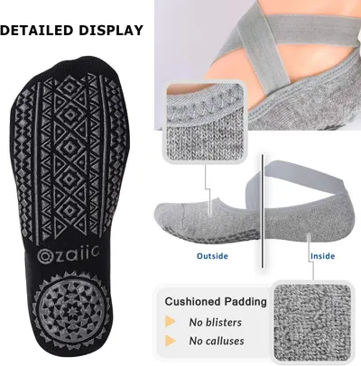 This image breaks down the physical components and construction details of the yoga/grip sock, showing the non-slip sole pattern, cushioned padding, knit texture, and strap design to help shoppers…