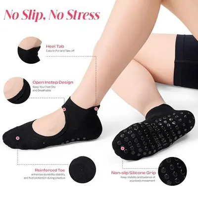 This image breaks down the physical components and design features of the yoga/grip socks to help shoppers understand the product's construction and how each part contributes to comfort,…