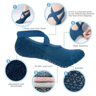 This image breaks down the physical features and components of the yoga socks, using numbered callouts to highlight specific parts like the grip, elasticity, breathability, and anti-slip sole to…