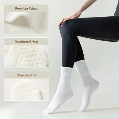 Highlights the key construction features of the socks—premium fabric quality, reinforced heel for durability, and seamless toe for comfort—to reassure shoppers of the product's quality and…