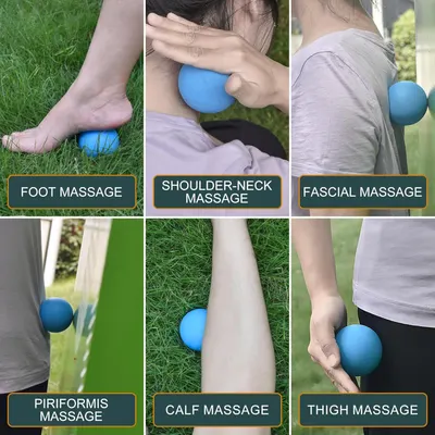 Demonstrates the versatility of the massage ball by showing it can be used on six different body areas (foot, shoulder-neck, fascial, piriformis, calf, and thigh), reassuring shoppers of its…
