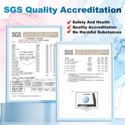 Displays official SGS certification documents to reassure shoppers that the product has been tested and accredited for safety, health, and quality standards with no harmful substances.