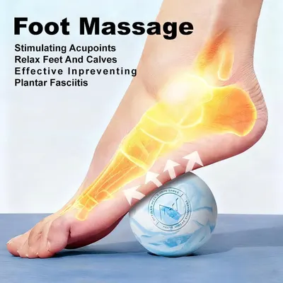 Communicates the product's ability to provide therapeutic foot massage by stimulating acupoints, helping to relax feet and calves while preventing plantar fasciitis. Shows shoppers how to use the…