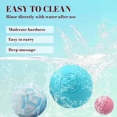 Communicates multiple distinct benefits of the massage product in a segmented layout, highlighting ease of cleaning, hardness level, portability, and massage effectiveness to help shoppers…