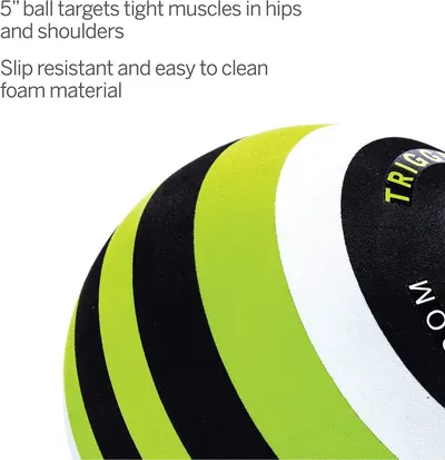 Communicates multiple distinct benefits of the massage ball: its 5-inch size for targeting tight muscles in hips and shoulders, slip-resistant surface, and easy-to-clean foam material to reassure…
