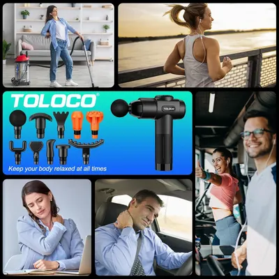 Demonstrates the versatility of the massage gun by showing it can be used across multiple real-world scenarios—at home, during exercise, at work, and while driving—to reassure shoppers it fits…