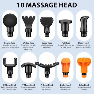 Shows all the massage head attachments included with the product, helping shoppers understand the variety of options available for different muscle groups and massage needs.