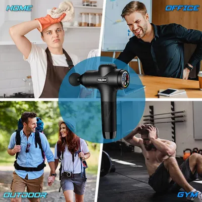 Demonstrates the massage gun's versatility by showing it can be used in four different environments: home cleaning recovery, office desk relief, outdoor hiking recovery, and gym workout recovery.