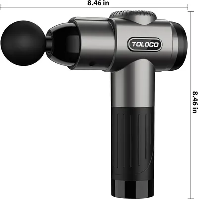 Communicates the exact physical size of the massage gun to help shoppers understand how compact and portable the device is.