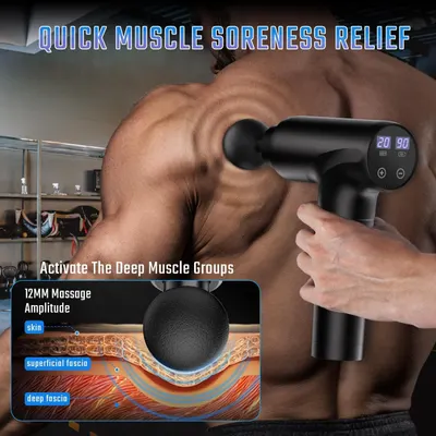 Communicates the product's ability to provide quick muscle soreness relief by activating deep muscle groups with 12mm massage amplitude, reassuring shoppers of its therapeutic effectiveness. Shows…