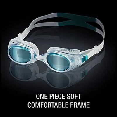 Highlights the one-piece soft comfortable frame design to reassure shoppers that the goggles will be comfortable to wear during swimming.