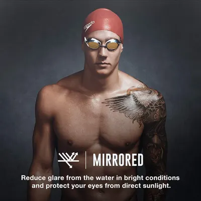 Highlights the mirrored lens feature of the swimming goggles to communicate glare reduction and eye protection benefits in bright outdoor swimming conditions.