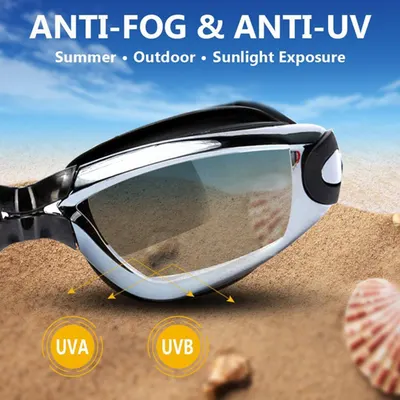 Highlights the goggles' anti-fog and anti-UV protection features, reassuring shoppers that the product is ideal for summer outdoor activities and sunlight exposure.