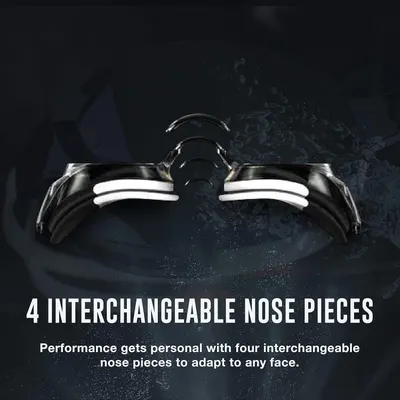 Highlights the product's customizable fit feature with four interchangeable nose pieces, reassuring shoppers that the goggles can adapt to any face shape for personalized comfort.