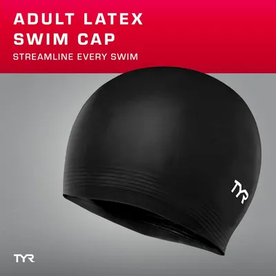 Communicates that the latex swim cap provides a streamlined fit to improve swimming performance and reduce drag in the water.