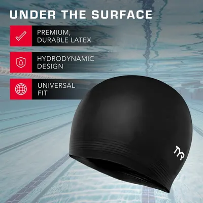Highlights three distinct selling benefits of the swim cap in a segmented layout to communicate material quality, performance design, and versatile sizing.