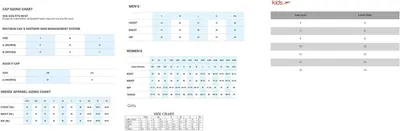 Provides comprehensive sizing information across multiple product categories (men's, women's, kids, caps, apparel) to help shoppers select the correct size for their purchase.