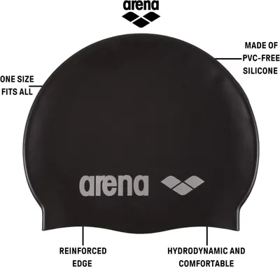 This image breaks down the swim cap by labeling its key physical features and material properties, helping shoppers understand the construction quality and design elements that make it functional…