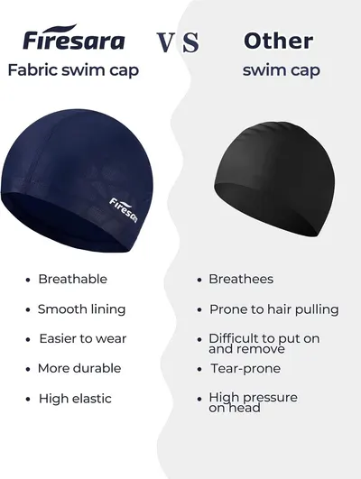 Demonstrates why the Firesara fabric swim cap is superior to generic silicone swim caps by contrasting multiple benefits in a side-by-side comparison format.
