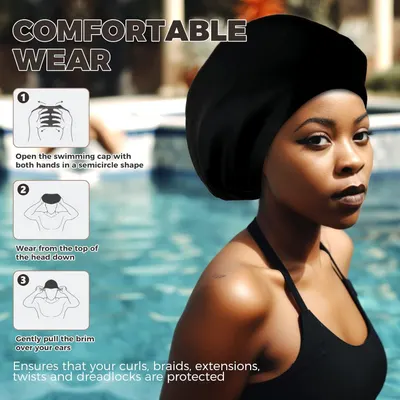 Demonstrates the simple 3-step process for putting on the swimming cap correctly, reassuring shoppers that it's easy to use and comfortable to wear while protecting hair. Highlights the primary…