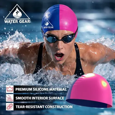 Highlights three distinct material and construction benefits of the swim cap to reassure shoppers of its quality, comfort, and durability.