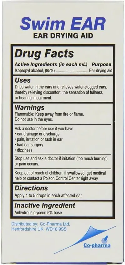 Provides essential drug facts, usage instructions, warnings, and safety information to inform shoppers about proper use and precautions for this ear drying aid product.