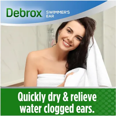 Communicates the primary benefit of the product—quickly drying and relieving water clogged ears after swimming or bathing—to reassure shoppers of its effectiveness.