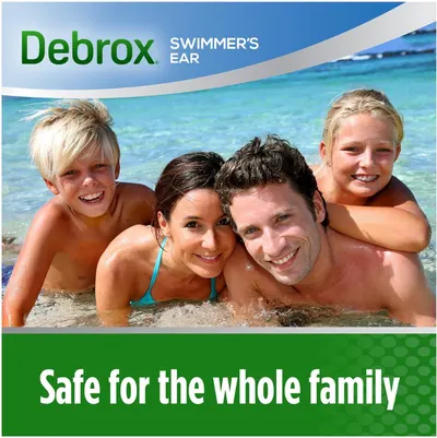 Communicates that Debrox Swimmer's Ear product is safe for all family members to use, providing reassurance to parents shopping for ear care solutions. Highlights the key benefit that the product is…