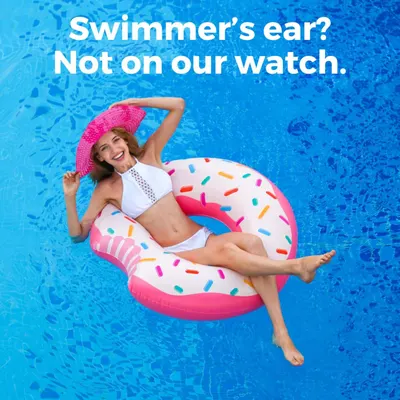 Communicates that the product (likely ear drops or ear protection) prevents swimmer's ear, reassuring pool-goers and swimmers that they can enjoy water activities without worry.