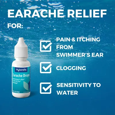 Communicates that the earache drops provide relief for three distinct ear-related problems: pain and itching from swimmer's ear, clogging, and sensitivity to water.