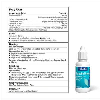 Provides detailed drug facts, warnings, and step-by-step directions for how to properly use the earache drops, reassuring shoppers about safe and effective application.