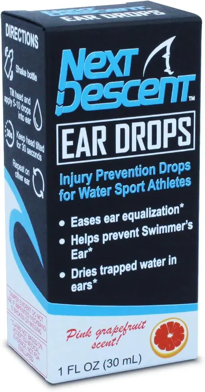 Communicates multiple distinct benefits of the ear drops for water sport athletes, showing how the product addresses several ear-related issues in one solution.