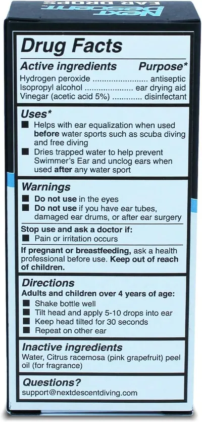 Provides detailed step-by-step directions on how to properly use the ear drops, including when to use them (before/after water sports), safety warnings, and application technique. Communicates…