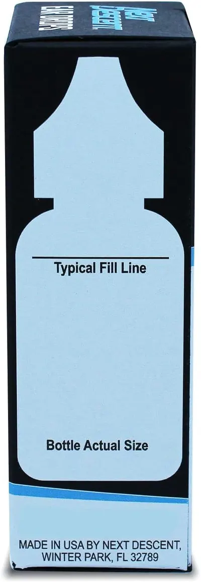 Shows the actual physical size of the bottle and typical fill line to help shoppers understand the product dimensions and capacity before purchase.