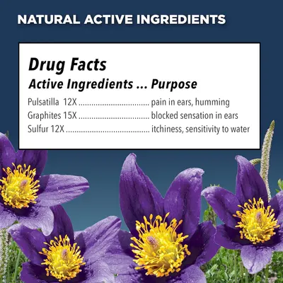 Communicates the natural active ingredients in the product and their specific therapeutic purposes to reassure shoppers about the product's formulation and effectiveness for ear-related symptoms.