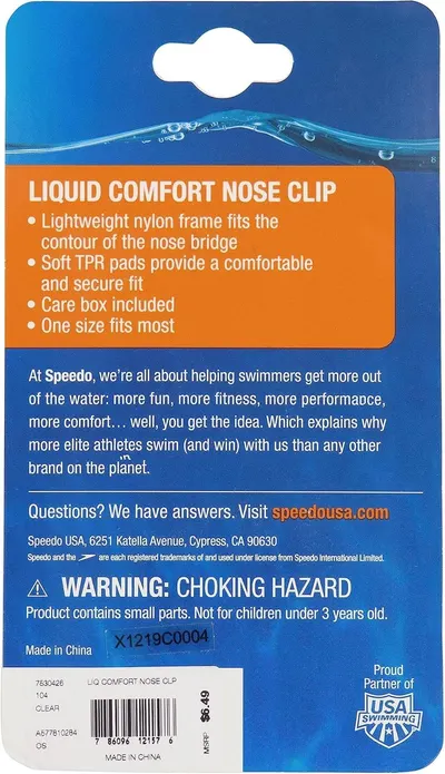 Communicates multiple distinct benefits of the nose clip in a bulleted list format to help shoppers understand the key features and what comes with the product. Reinforces the Speedo brand identity…