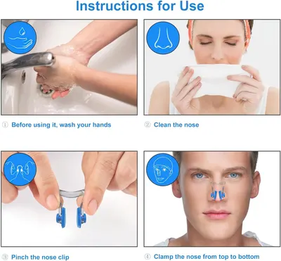 Provides clear sequential instructions on how to properly use the nose clip product, from preparation through application, ensuring correct usage and effectiveness.