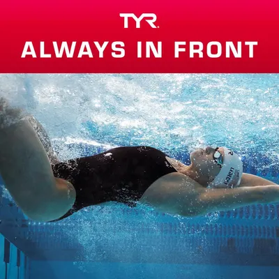 Communicates the brand's core identity and positioning with the tagline 'ALWAYS IN FRONT' to establish TYR as a leader in competitive swimwear and build emotional connection with…