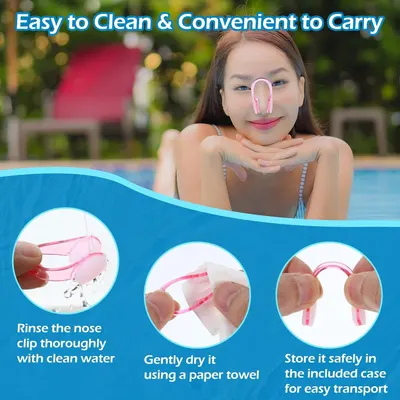 This image demonstrates the step-by-step process for cleaning and maintaining the nose clip product, reassuring shoppers that it's easy to care for and portable. Highlights multiple product benefits…