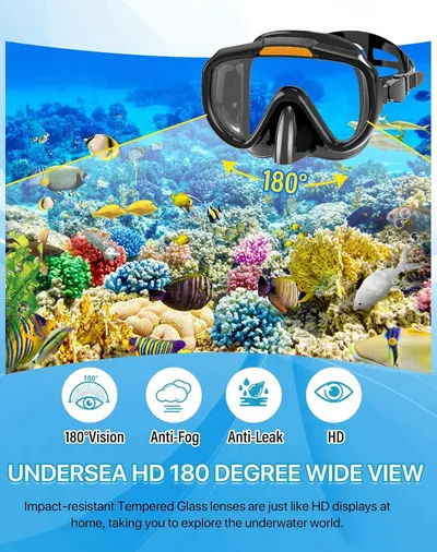 Showcases four distinct benefits of the diving mask in a segmented layout with icons and labels, demonstrating the product's comprehensive feature set to reassure shoppers of its quality and…