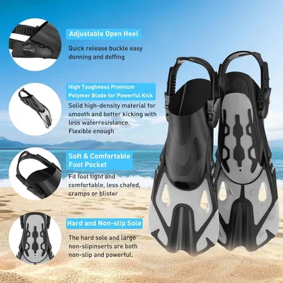 This image breaks down the swim fins by highlighting four distinct physical components with zoom circles and descriptive labels, helping shoppers understand the construction and design features of…