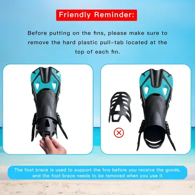 Instructs the customer on how to properly prepare the fins for use by removing the protective foot brace and pull-tab before first use.