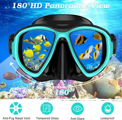 Communicates multiple key benefits of the diving mask including wide field of vision, fog prevention, durable glass, glare reduction, and water-tight seal to reassure shoppers of comprehensive…