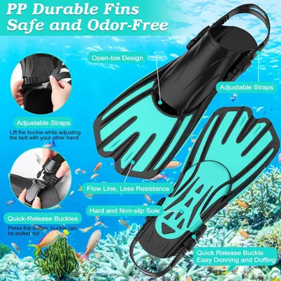 This image breaks down the physical components and design features of the swim fins, highlighting the durable PP material, open-toe design, adjustable straps, flow line structure, non-slip sole, and…