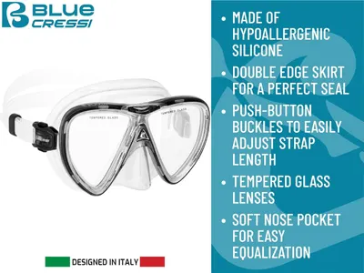 This image showcases multiple distinct features and benefits of the diving mask in a bulleted list format, highlighting material quality, seal effectiveness, ease of adjustment, lens durability, and…
